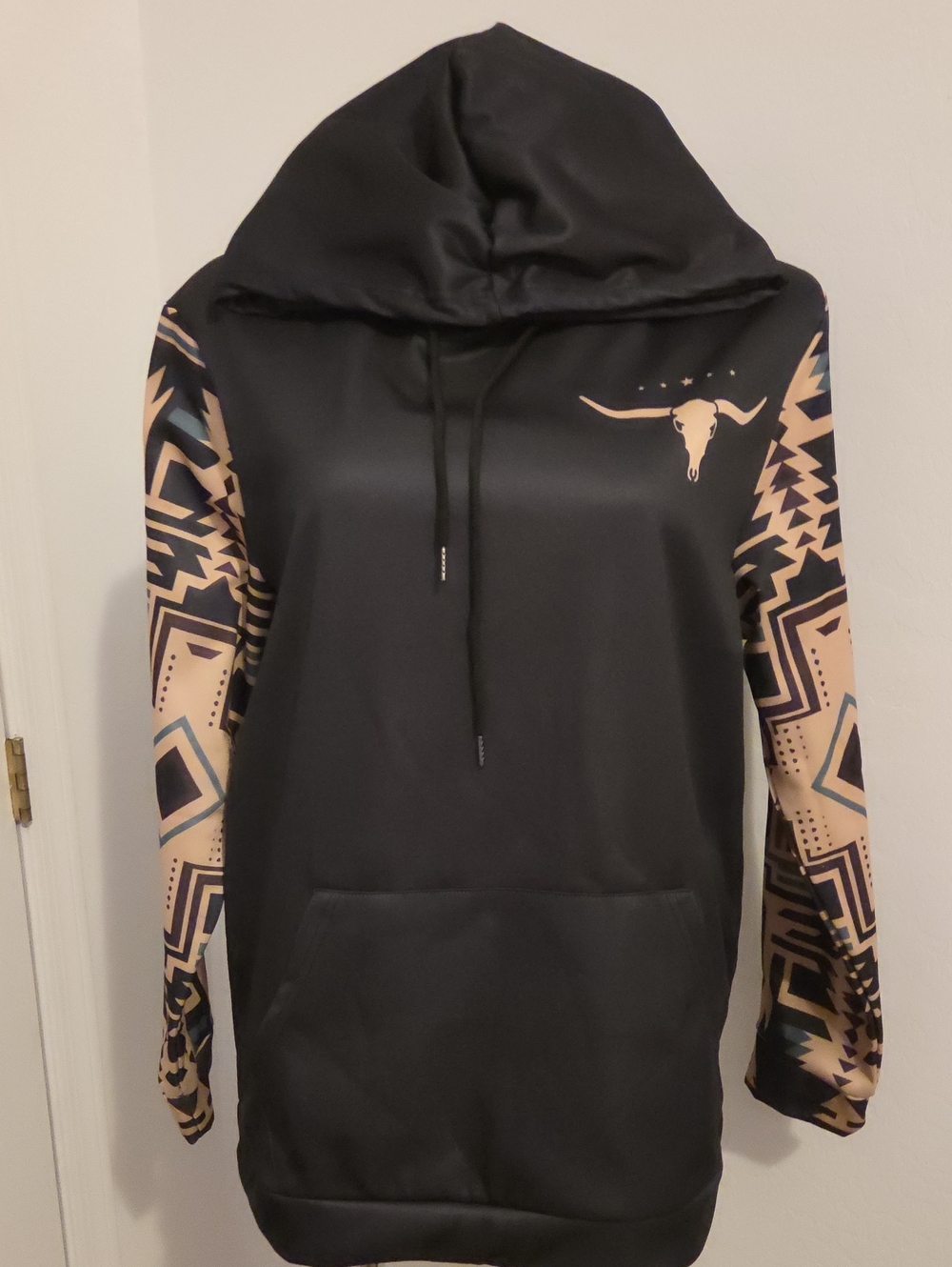 Black Hoodie Sweatshirt with Aztec Print Sleeves